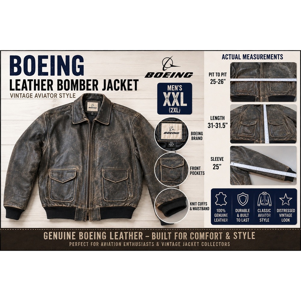 Boeing Mens XXL Distressed Brown Leather Bomber Jacket Vintage Aviator RN 54163